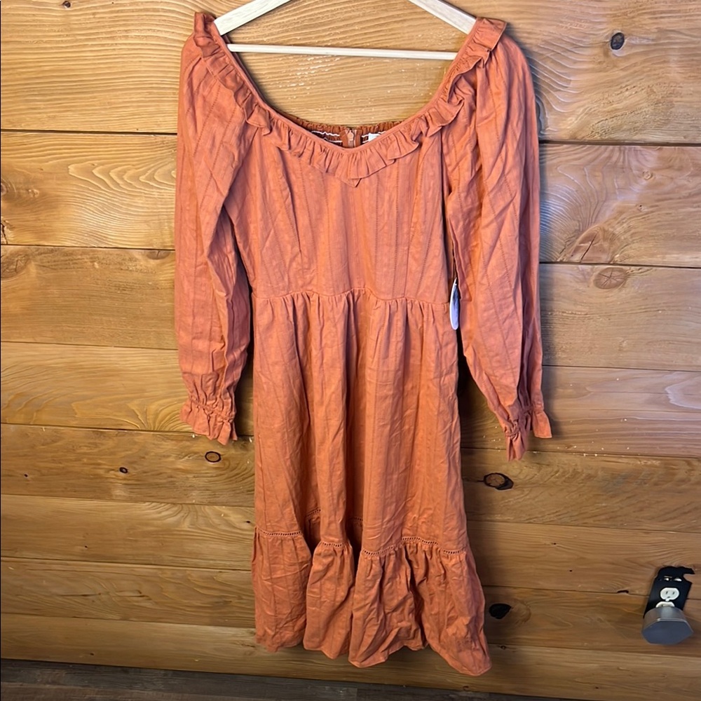 Lost + Wander Women’s Smocked Off-Shoulder Sundress MIDI Long Sleeve Rust Boho S